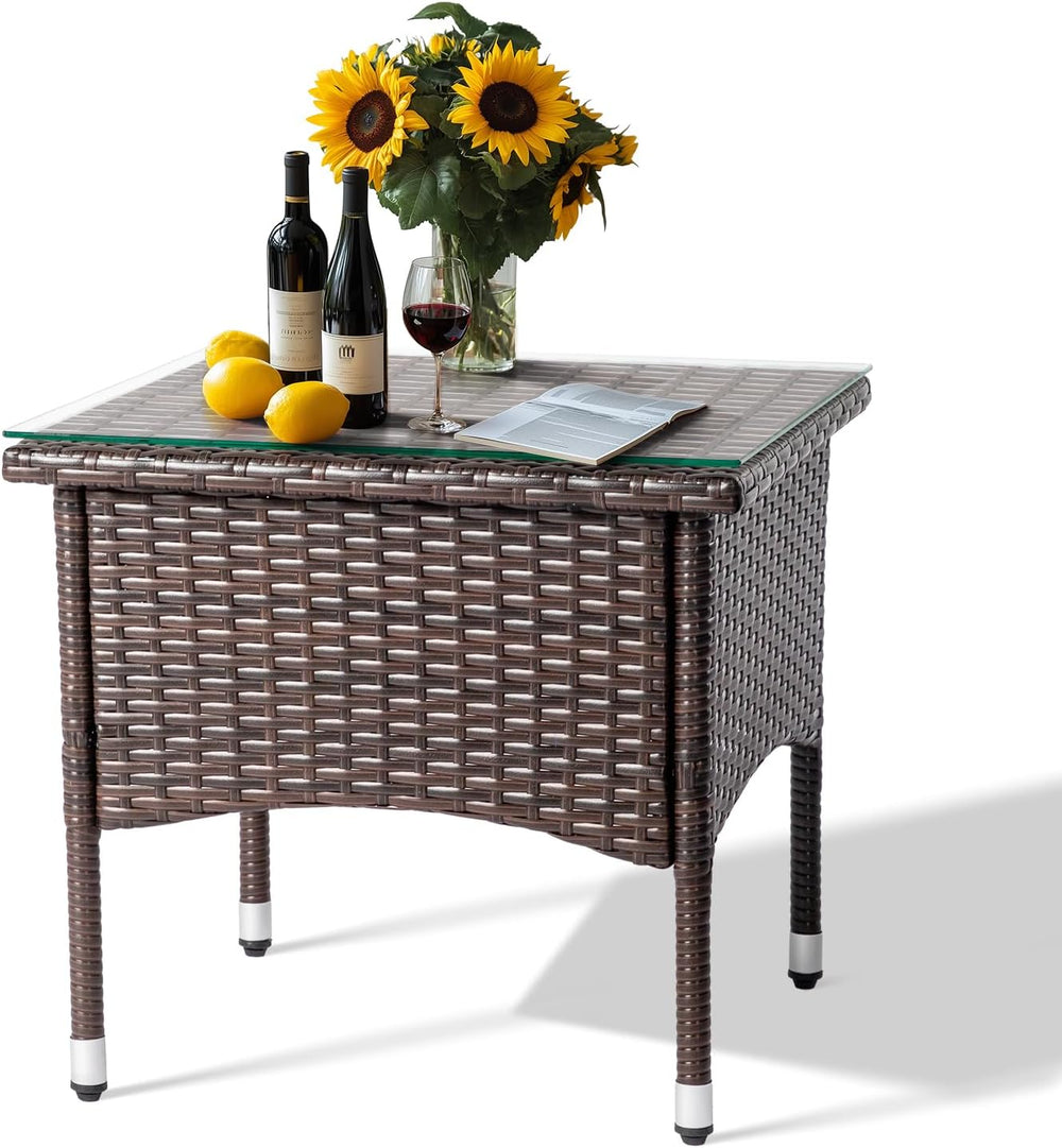 VINGLI Outdoor Wicker Side Table Patio Side Tables for Outside, Tempered Glas...