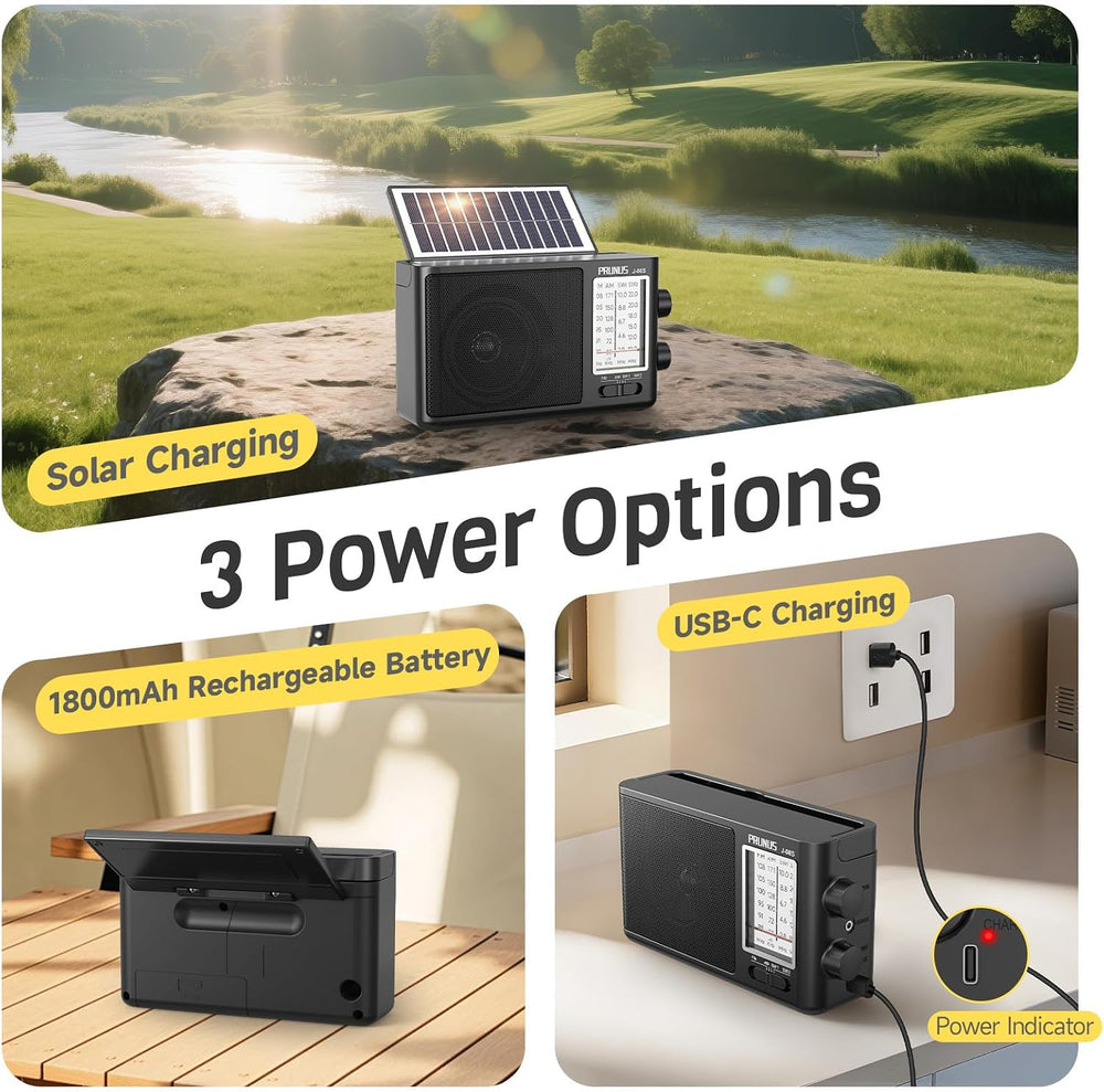 PRUNUS J08 Portable Radio AM FM with Solar, Battery and USB Charging