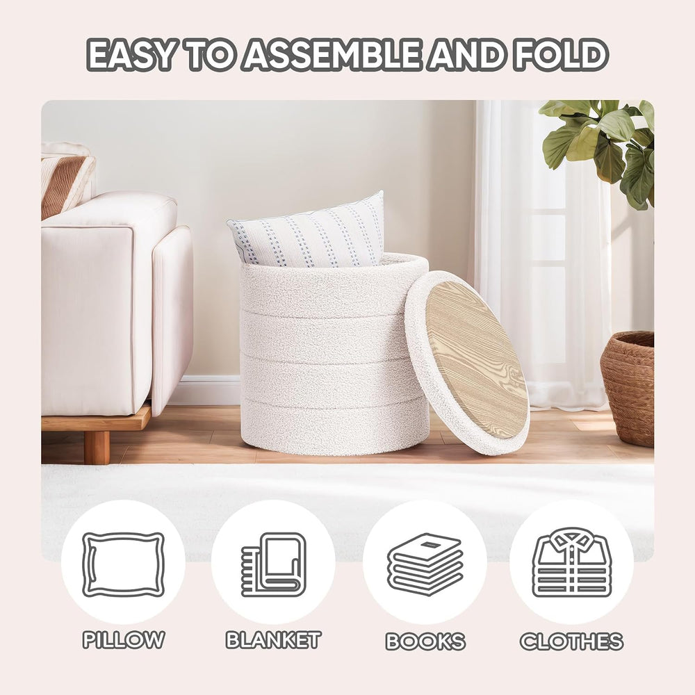 PINPLUS Round Storage Ottoman Foot Rest Stool with Tray Velvet Sherpa Folding...