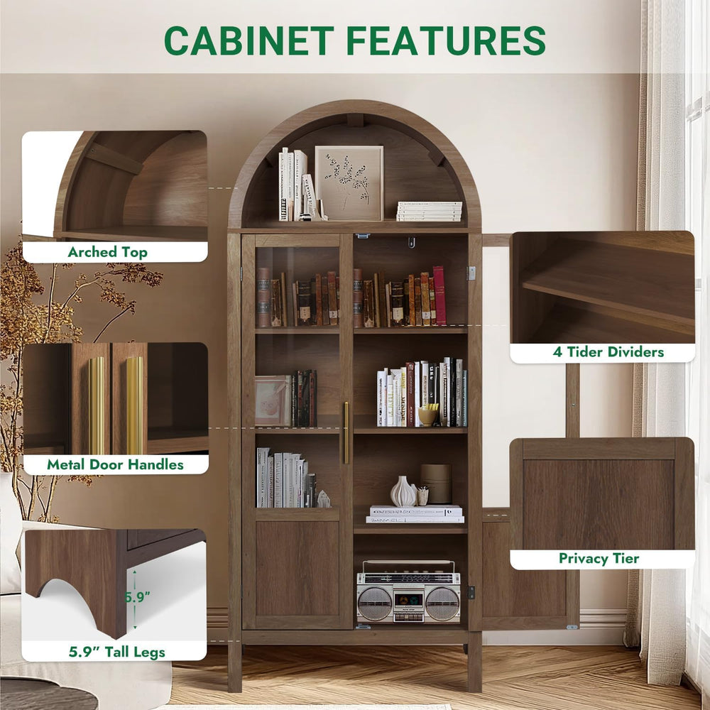 Arched Storage Cabinet with 2 Doors and 5-Tier Shelves for Living Room, 71&qu...
