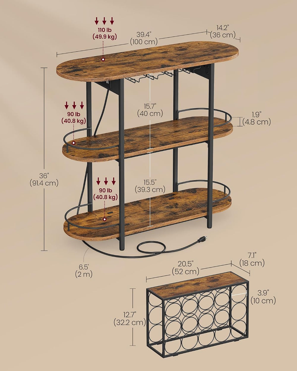 VASAGLE Bar Cabinets for Home, LED Coffee Bar with Power Outlets | Mini Bar f...