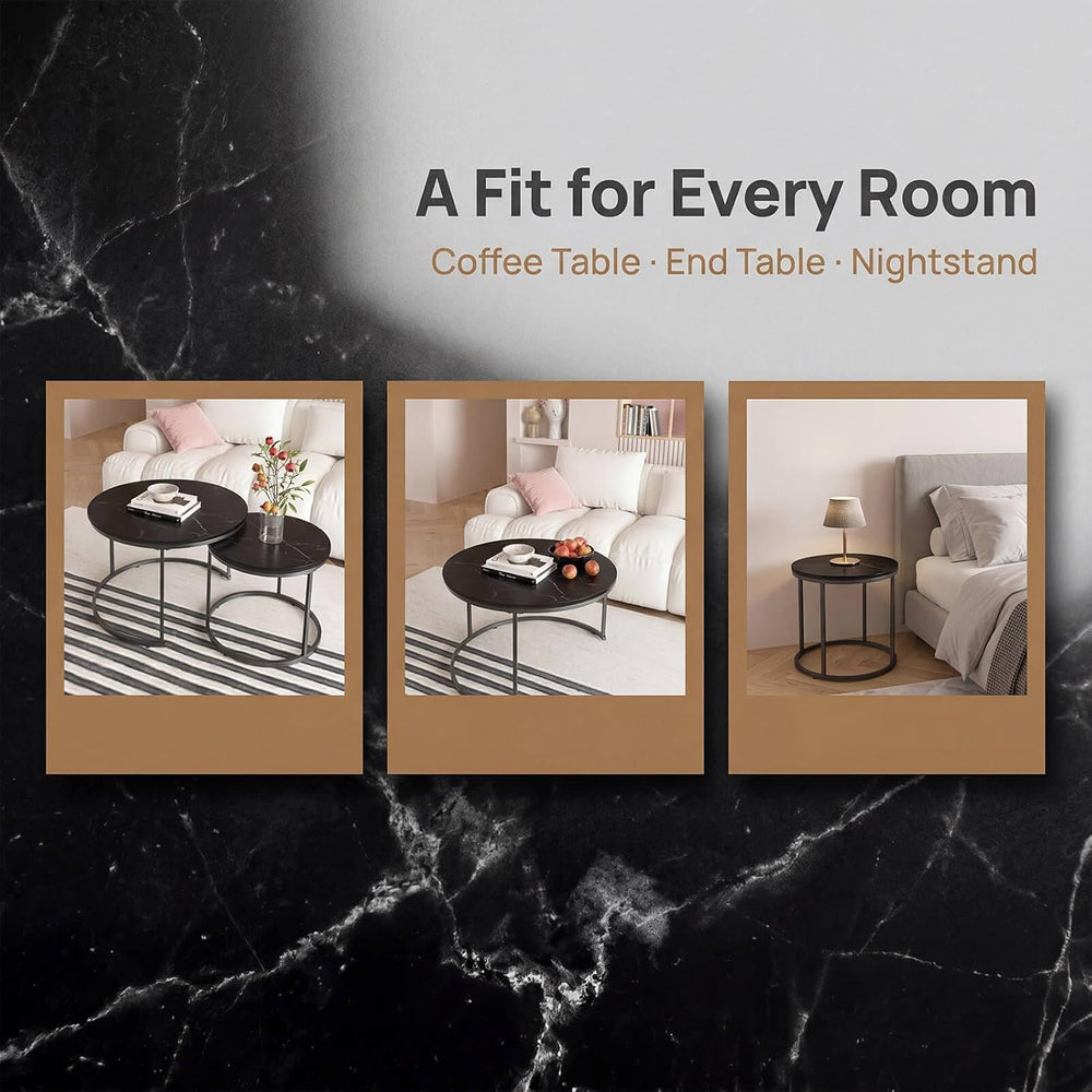 Nesting Coffee Table Set of 2, Round Nesting Tables with Marble-Look Top and ...