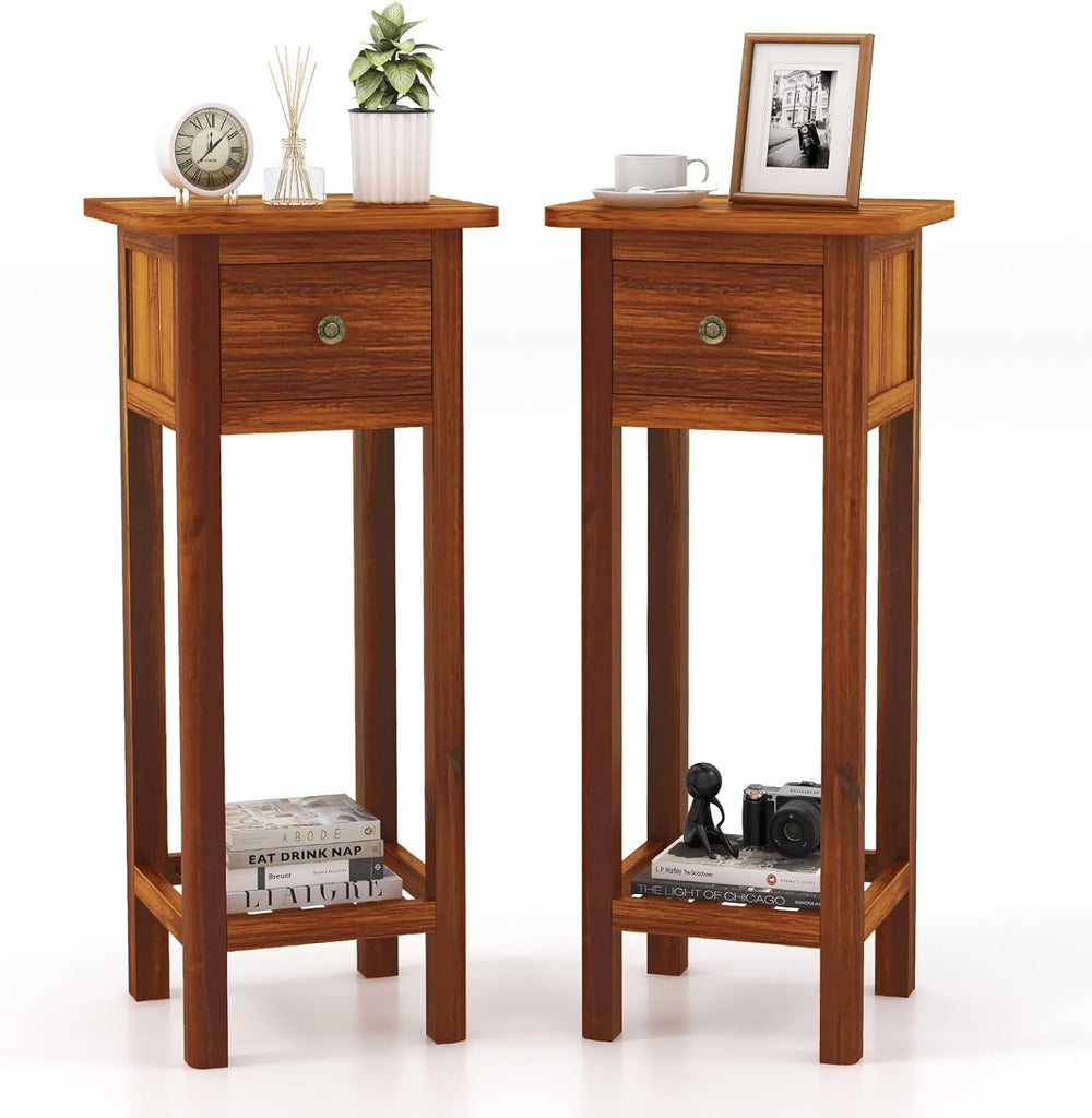 Giantex Narrow End Table with Drawer Set of 2, Tall Acacia Wood Side Table wi...