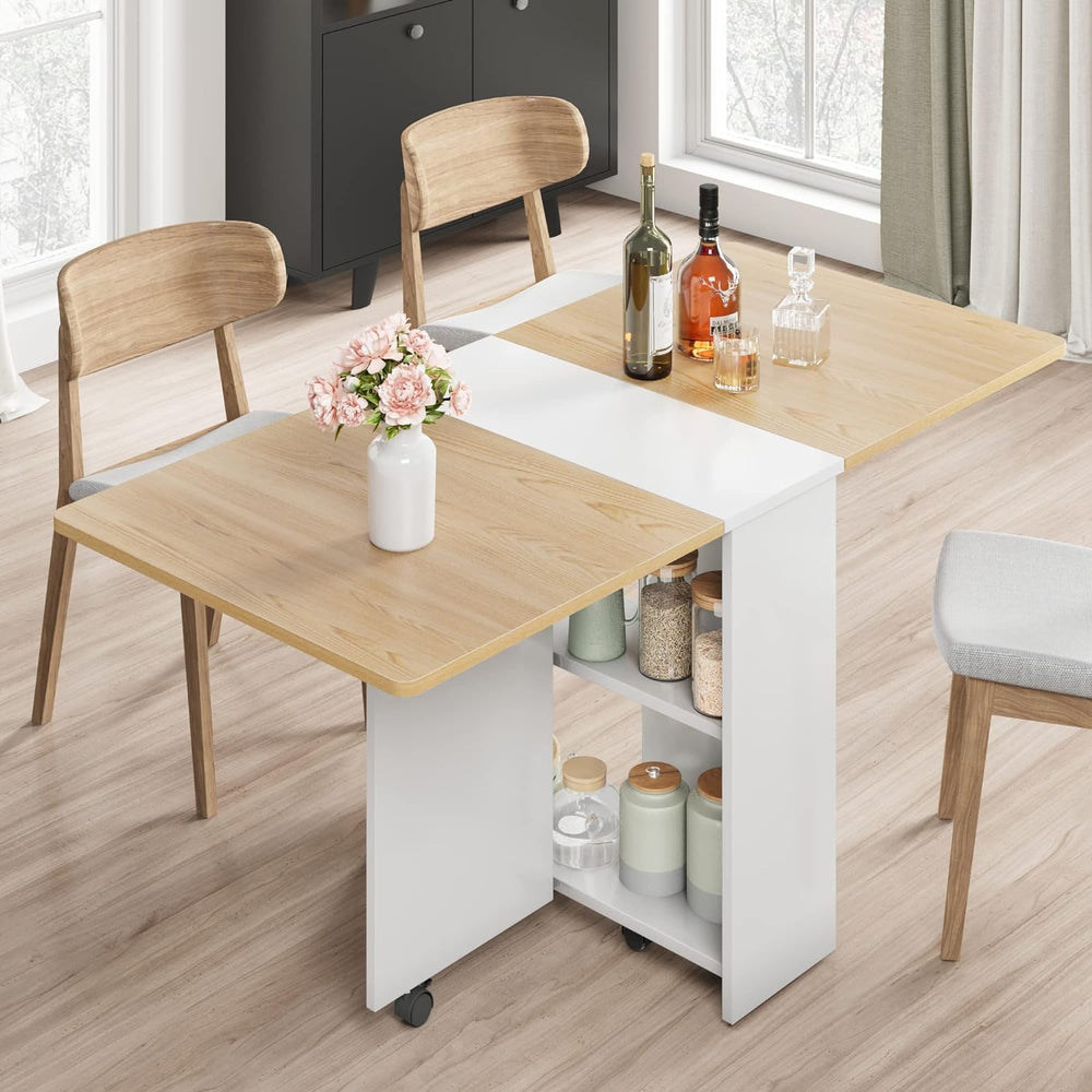 IDEALHOUSE FoldingTable, Drop Leaf Dining Table with 6 Wheels and 2-Layer Sto...