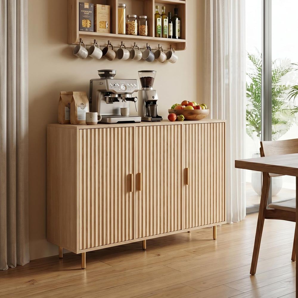 DIYART Oak Sideboard Buffet Cabinet, Accent Coffee Bar Cabinet with 3 Doors, ...