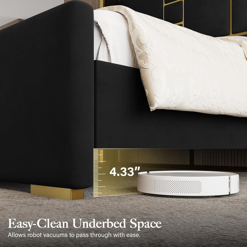 Queen Bed Frame with Gold Trim Headboard, Upholstered Bed, Black