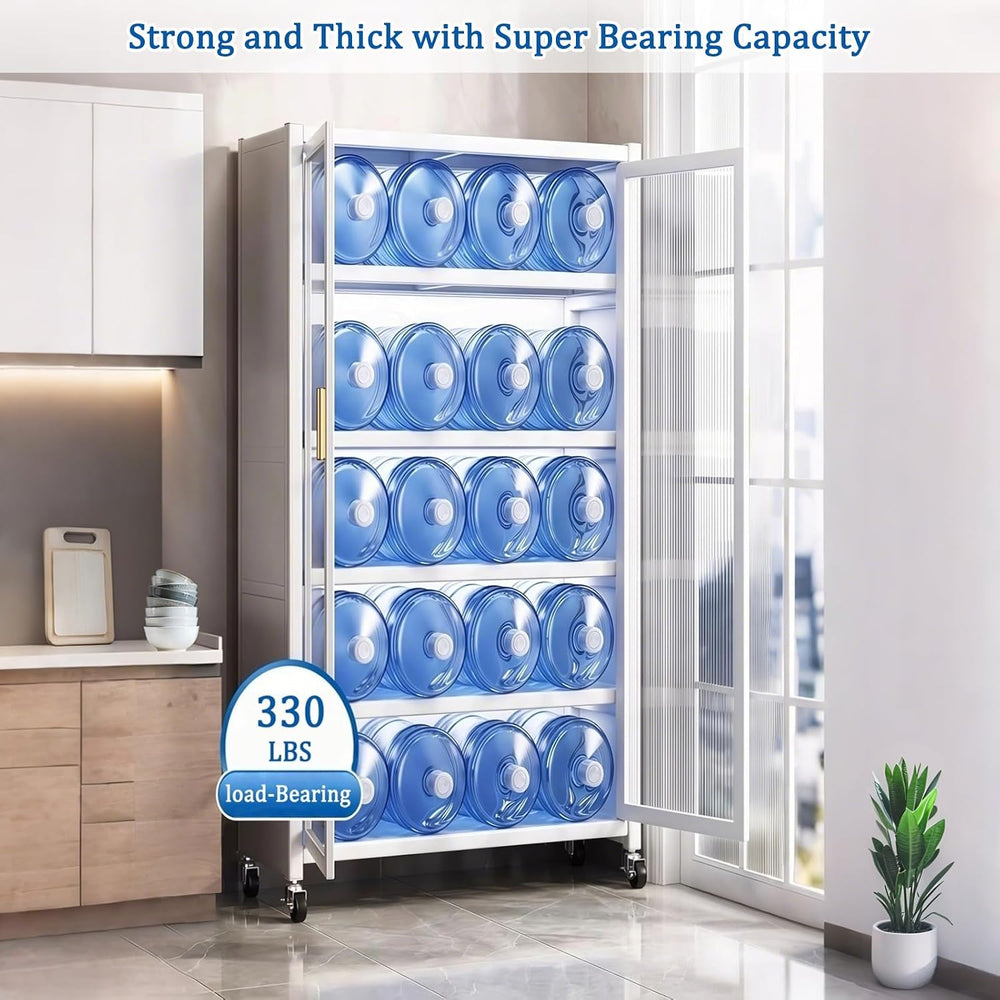 65" White Metal Pantry Cabinet with Doors, Freestanding Kitchen Pantry C...