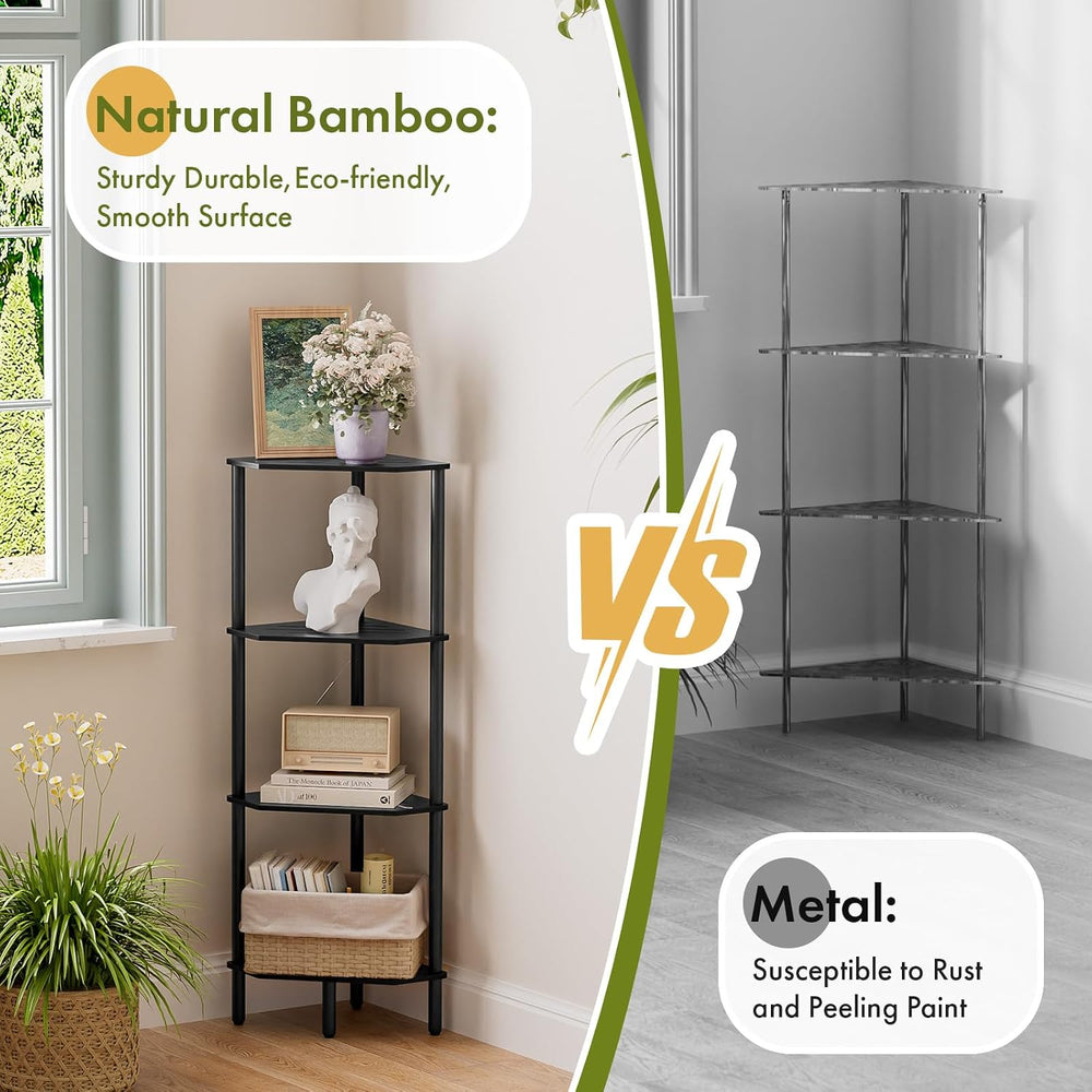 Corner Shelf Stand, 4 Tier Corner Bookshelf, Bamboo Storage Standing Shelf Un...