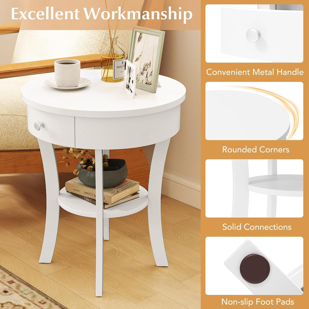 GOFLAME Round End Table with Drawer, 2-Tier Sofa Side Table with Solid Wood L...