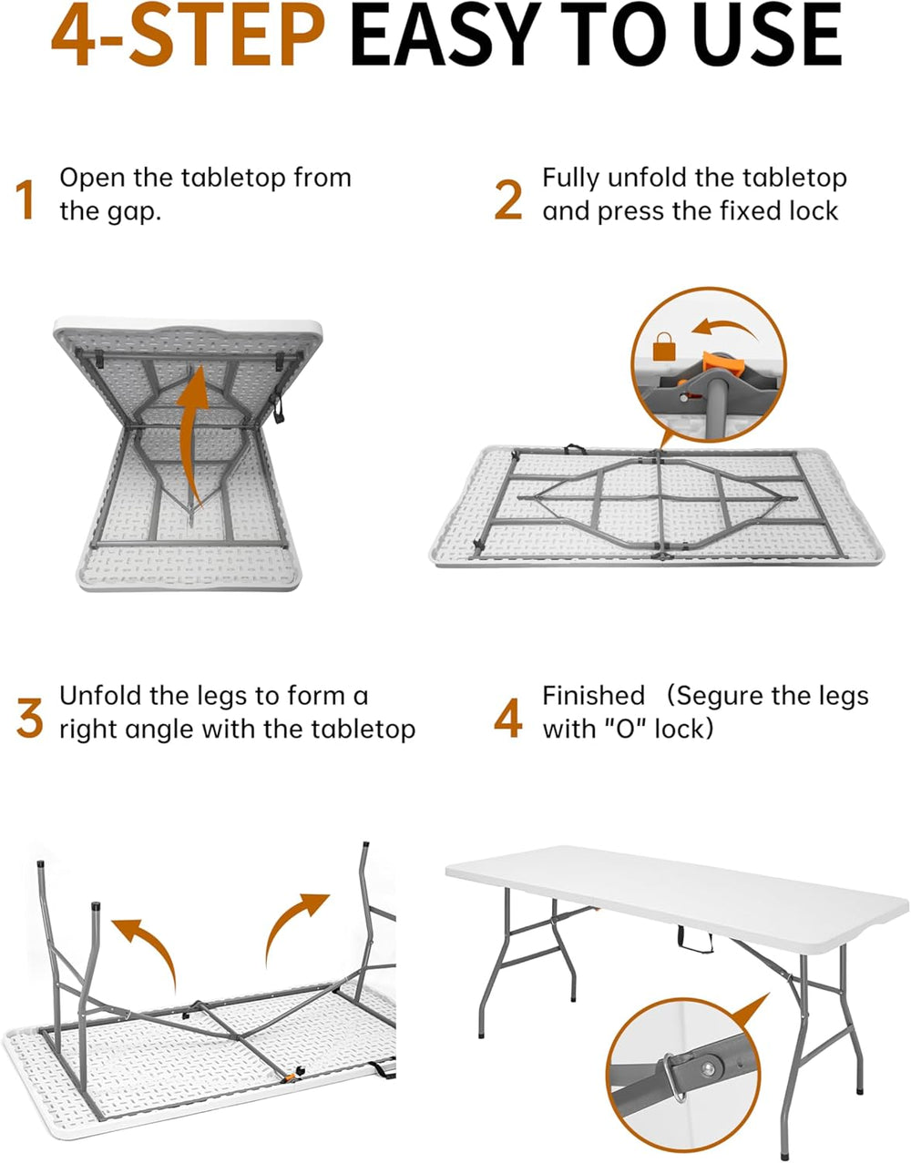 6Ft Folding Table, Heavy Duty Fold-in-Half Portable Plastic White | HDPE port...