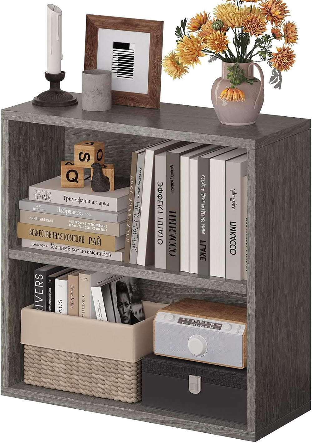 ALISENED 2 Tier Open Shelf Bookcase, Small Bookshelf with Storage