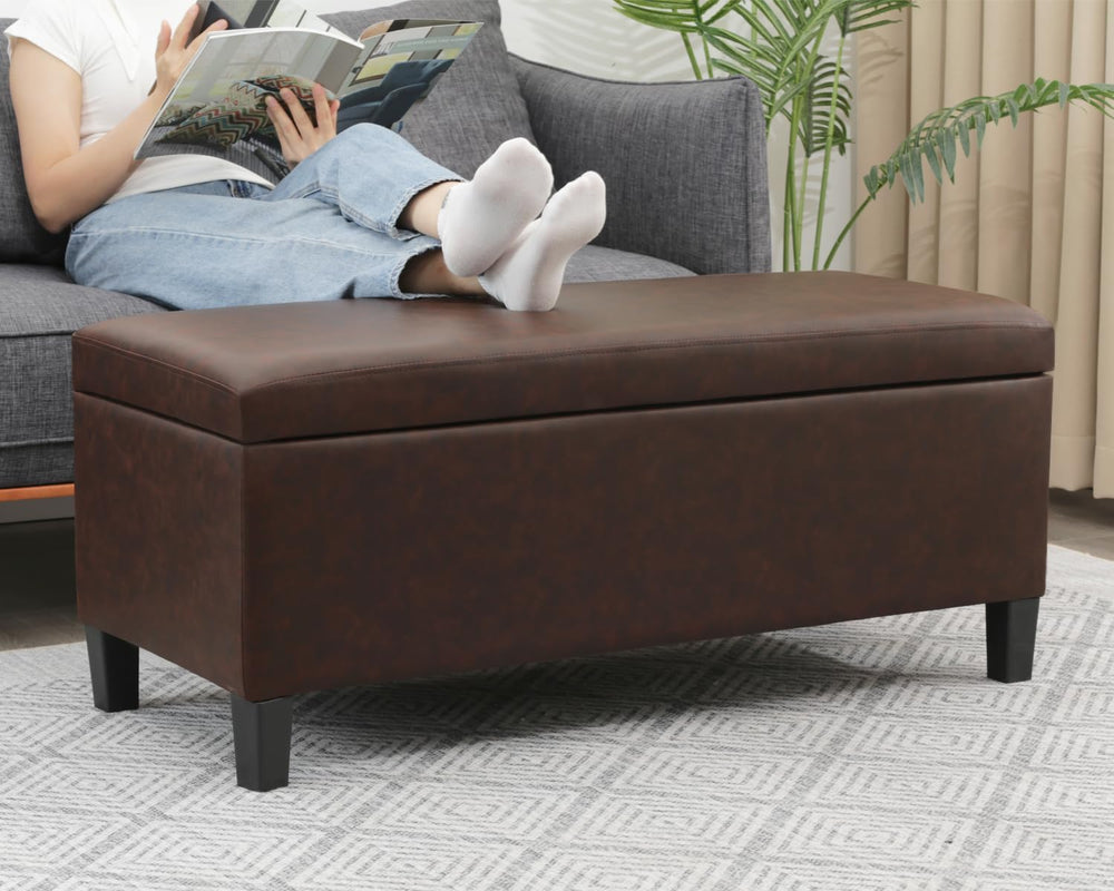 Adeco 42" Storage Leather Bench for Living Room – Black & Red Two-To...