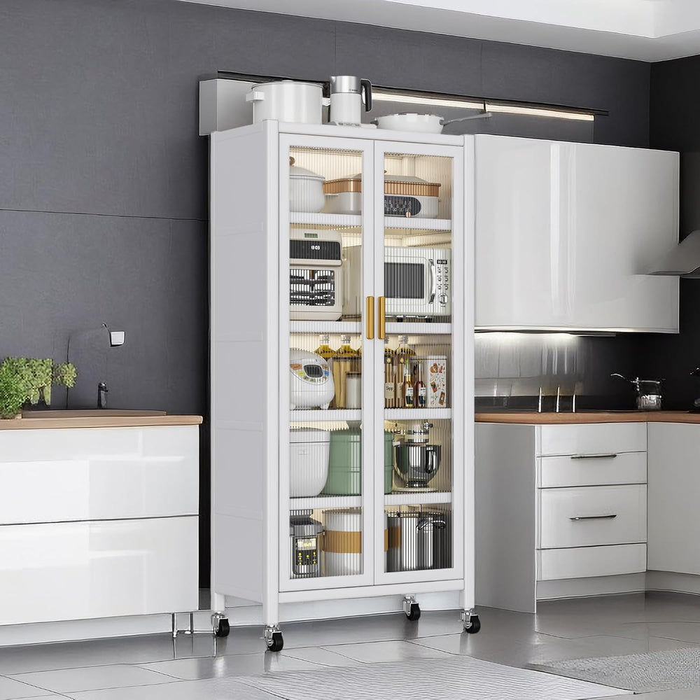 White Metal 5-Tier Kitchen Pantry Cabinet with Acrylic Glass Doors & Whee...