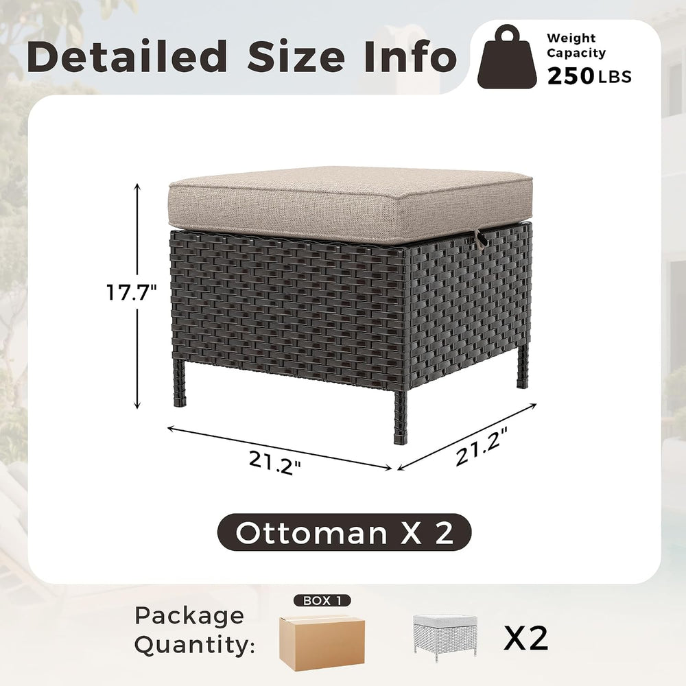 2 Pieces Patio All-Weather Wicker Ottomans with Cushions, PE Rattan Outdoor C...
