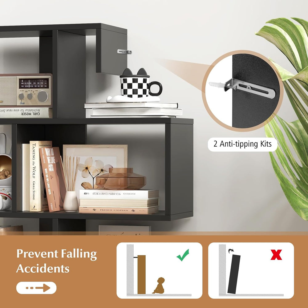 Tangkula S-Shaped Bookshelf, 5-Tier Modern Geometric Stepped Bookcase with An...