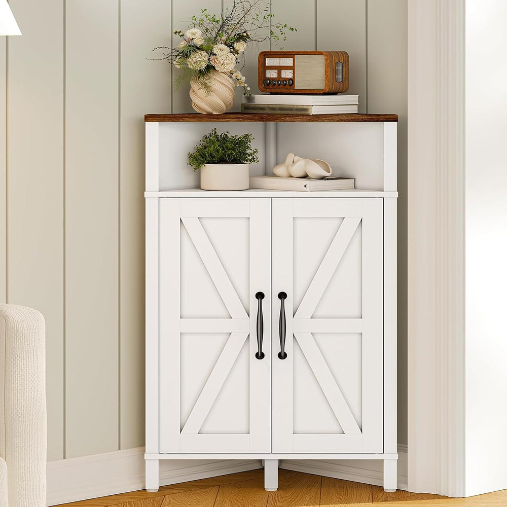 Farmhouse-Style Corner Cabinet, Corner Shelf with Open Storage, Double-Door S...