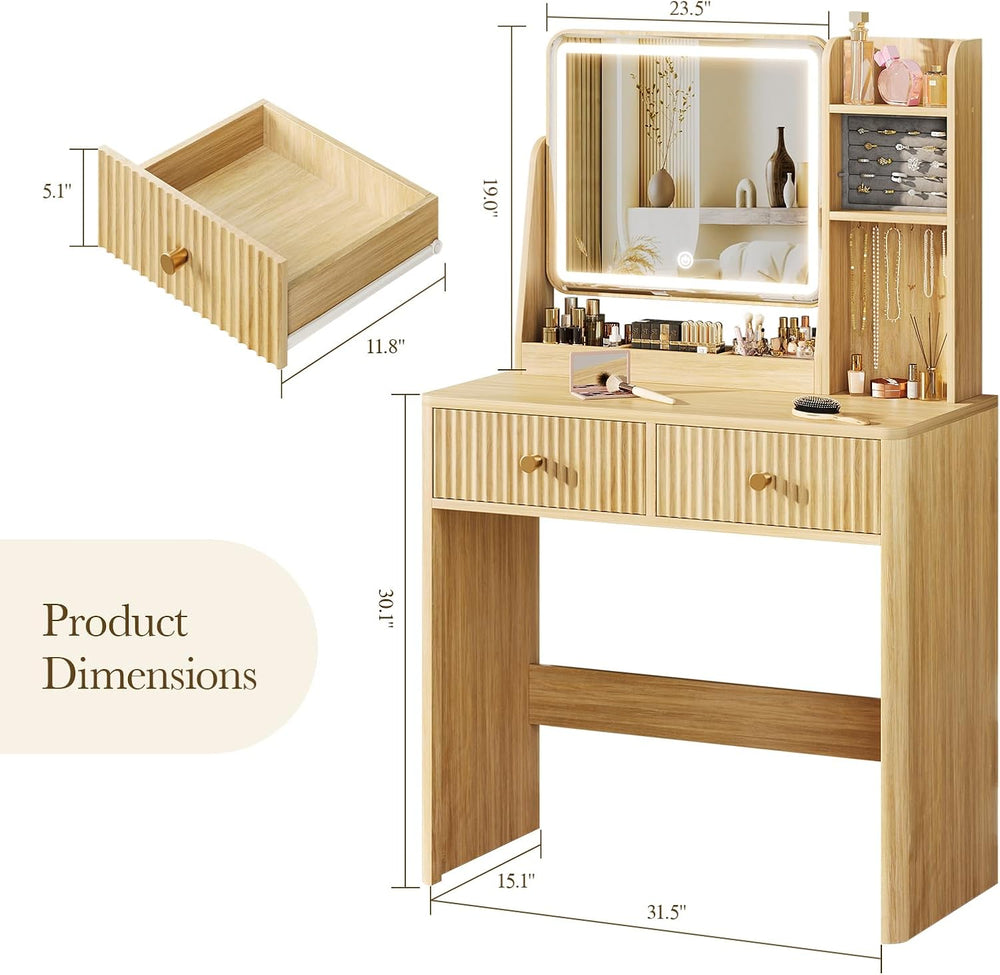 Memobarco Fluted Makeup Vanity Desk with Mirror and Lights | Small Vanity wit...