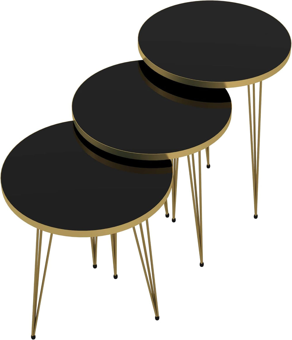 Set of 3 High Gloss Black Gold Legs Nesting End Tables Round Wood Stacking Co...