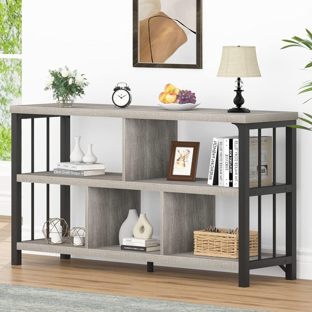 IBF Low Horizontal Bookshelf, Industrial Bookcase, Light Grey Oak, 47 Inch
