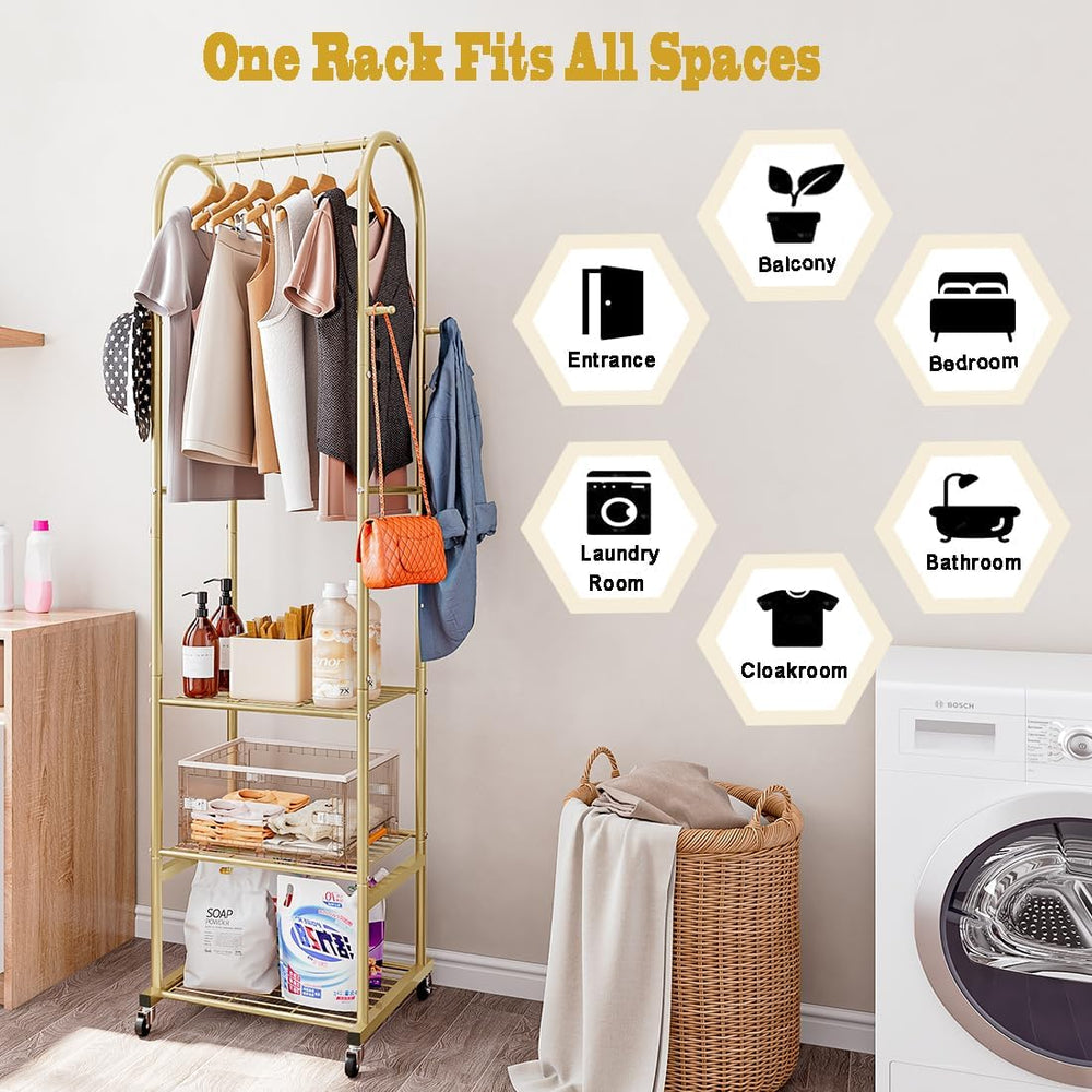 SUOERNUO Clothes Rack Clothing Rack With Wheels and 3 Tier Metal Shelves