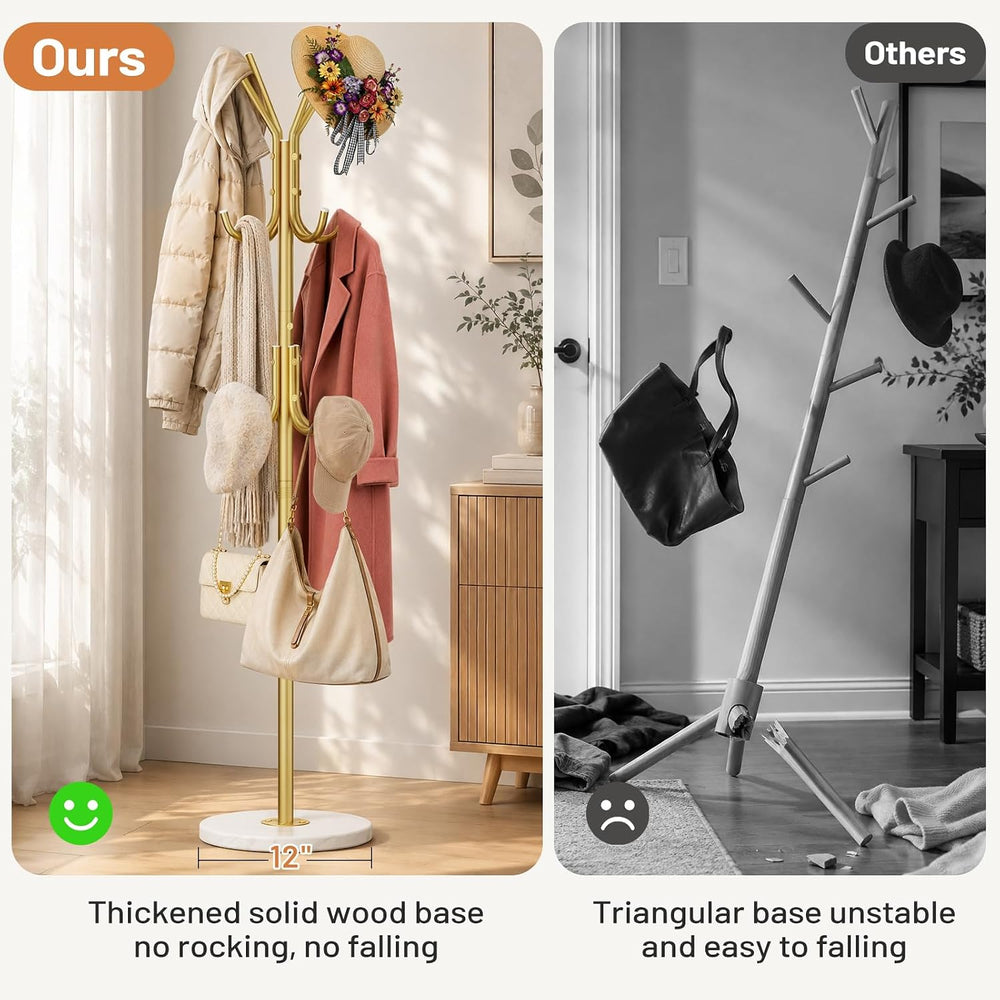 Gold Coat Rack Freestanding 12 Hooks Coat Hanger Stand Heavy Duty Coat Tree