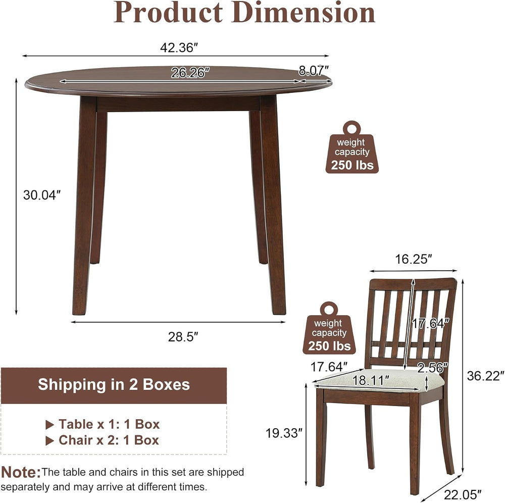 P PURLOVE 3 Piece Round Dining Set for 2, Folding Wood Table (Brown)