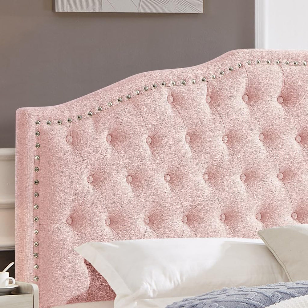 24KF Upholstered Button Tufted Queen Headboard with Nailhead Trim, Elegant Bo...