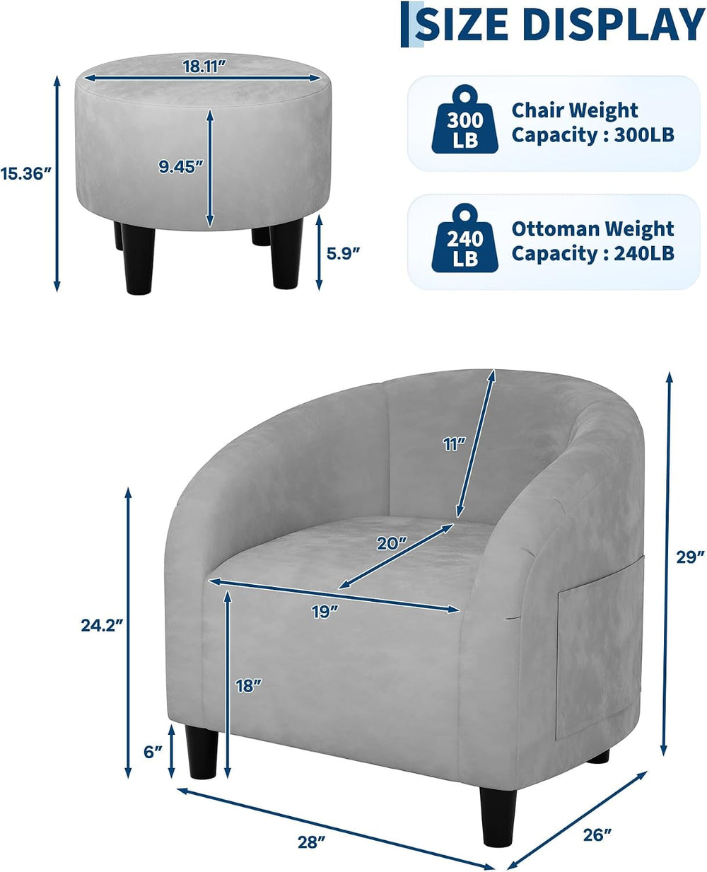 GarveeHome Chair and Ottoman Set, Modern Velvet Barrel Armchair for Living Ro...