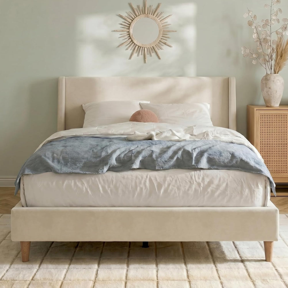 Merax King Size Velvet Bed Frame with Wingback Headboard, Upholstered Platfor...