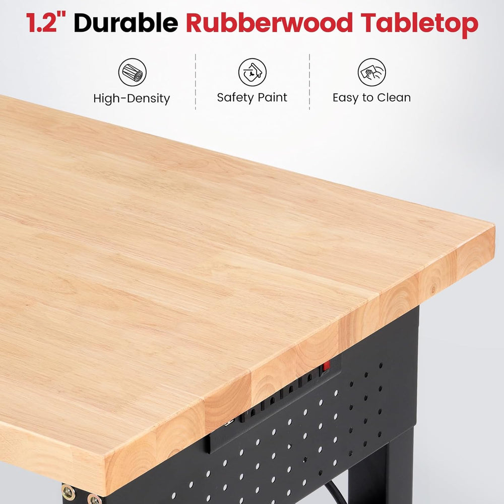 Work Bench 84 x 24 Inch Adjustable Height Rubber Wood Top Work Table 5000 Lbs...