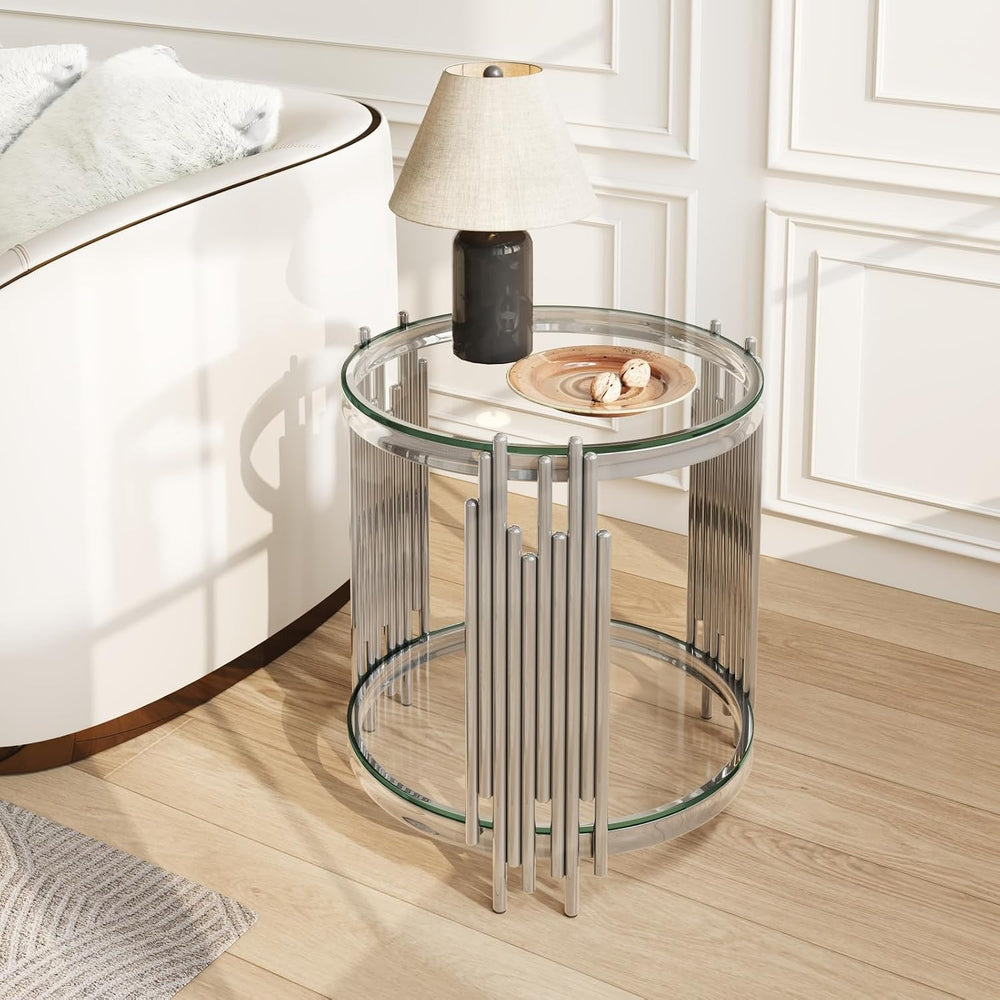 19.7" Luxury Round Silver End Table with 2-Tier Clear Tempered Glass She...