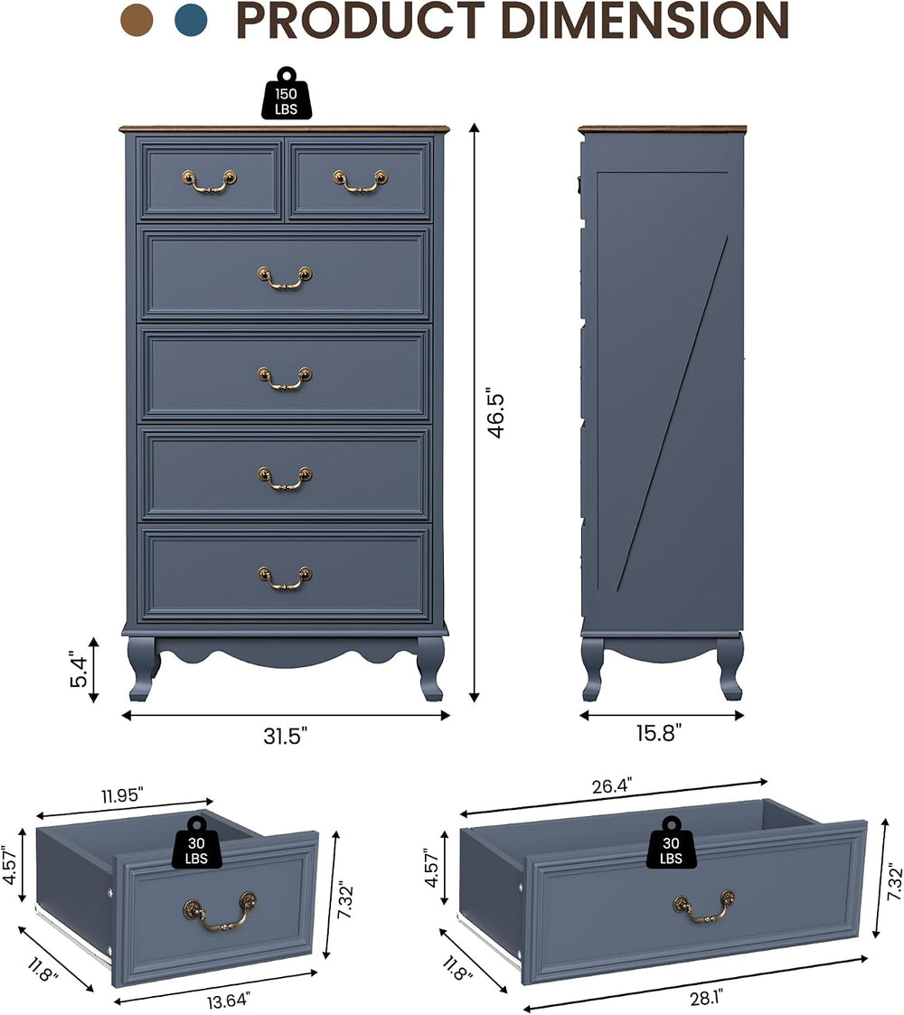 Farmhouse 6 Drawer Dresser, Tall Chest of Drawers Wood Storage Cabinet