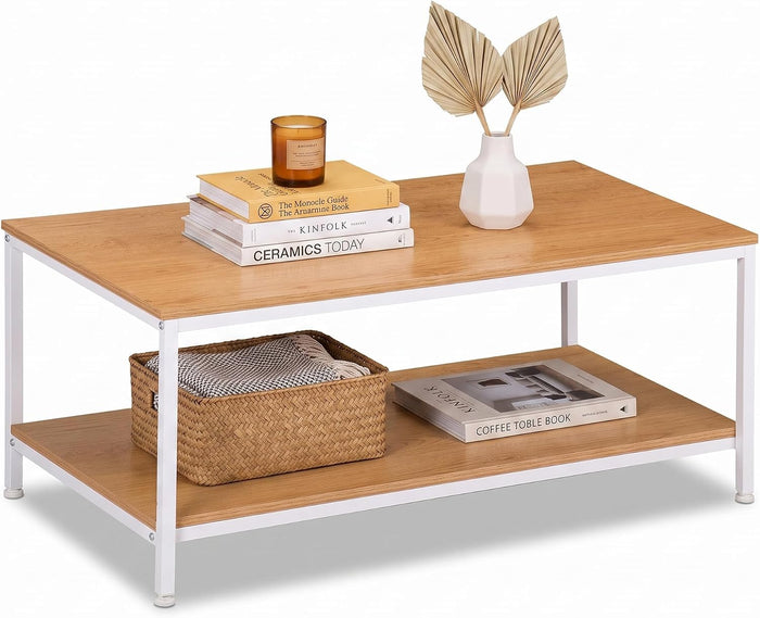 SUPER DEAL 2-Tier Coffee Table with Storage Shelf for Small Apartment Living Room, Rectangle Wood and Stable Metal TV Stand Side End Table, Natural Wood
