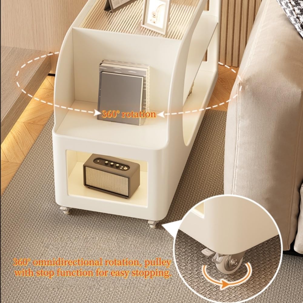 Mobile Sofa Side Table with Wheels, Metal Rolling End Table with Storage, 3-T...