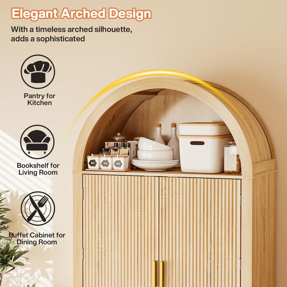 PRETZI 71" Tall Arched Pantry Cabinet, Arched Fluted Kitchen Storage Cab...