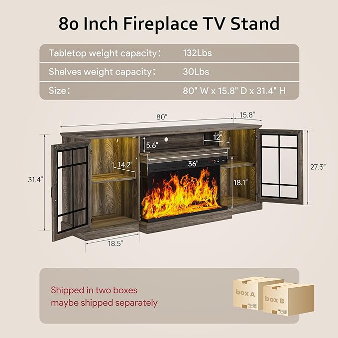 oneinmil 80'' Fireplace TV Stand with 3-Sided Glass, TV Cabinet for T...
