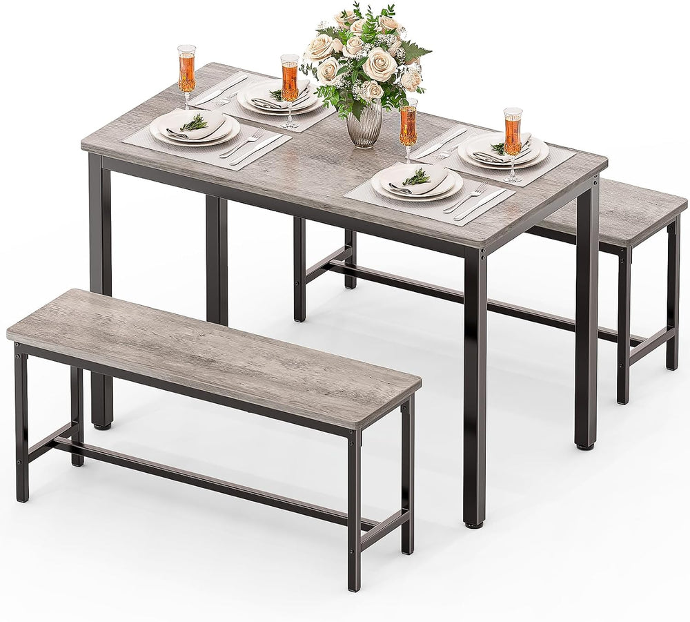 Dining Table Set for 4, Kitchen Table with 2 Benchs, Grey | Modern Functional...