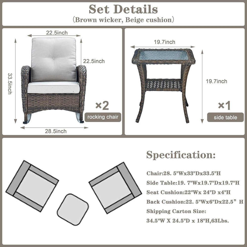 Belord Wicker Porch Rocking Chairs - 3 Pieces Patio Bistro Set High Back Outd...