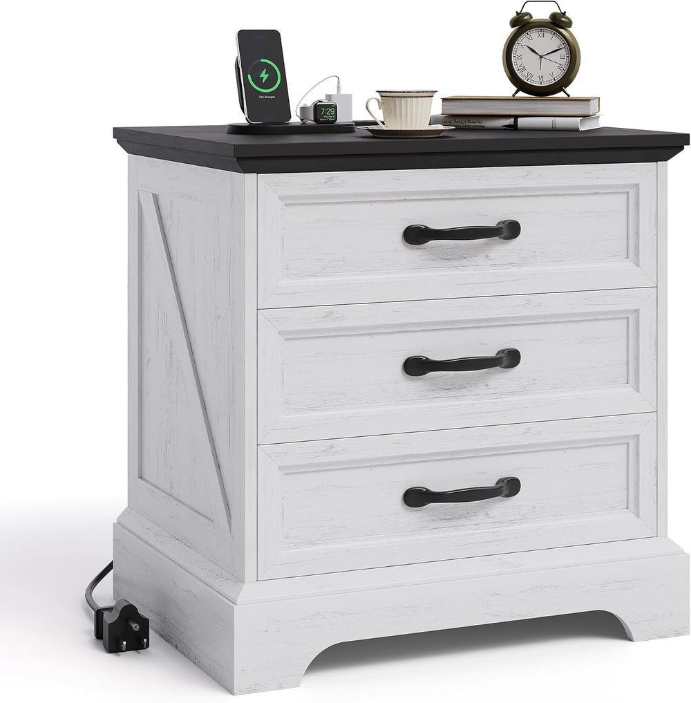 Garvee Modern Farmhouse Nightstand with Charging Station & 3 Large Drawer...