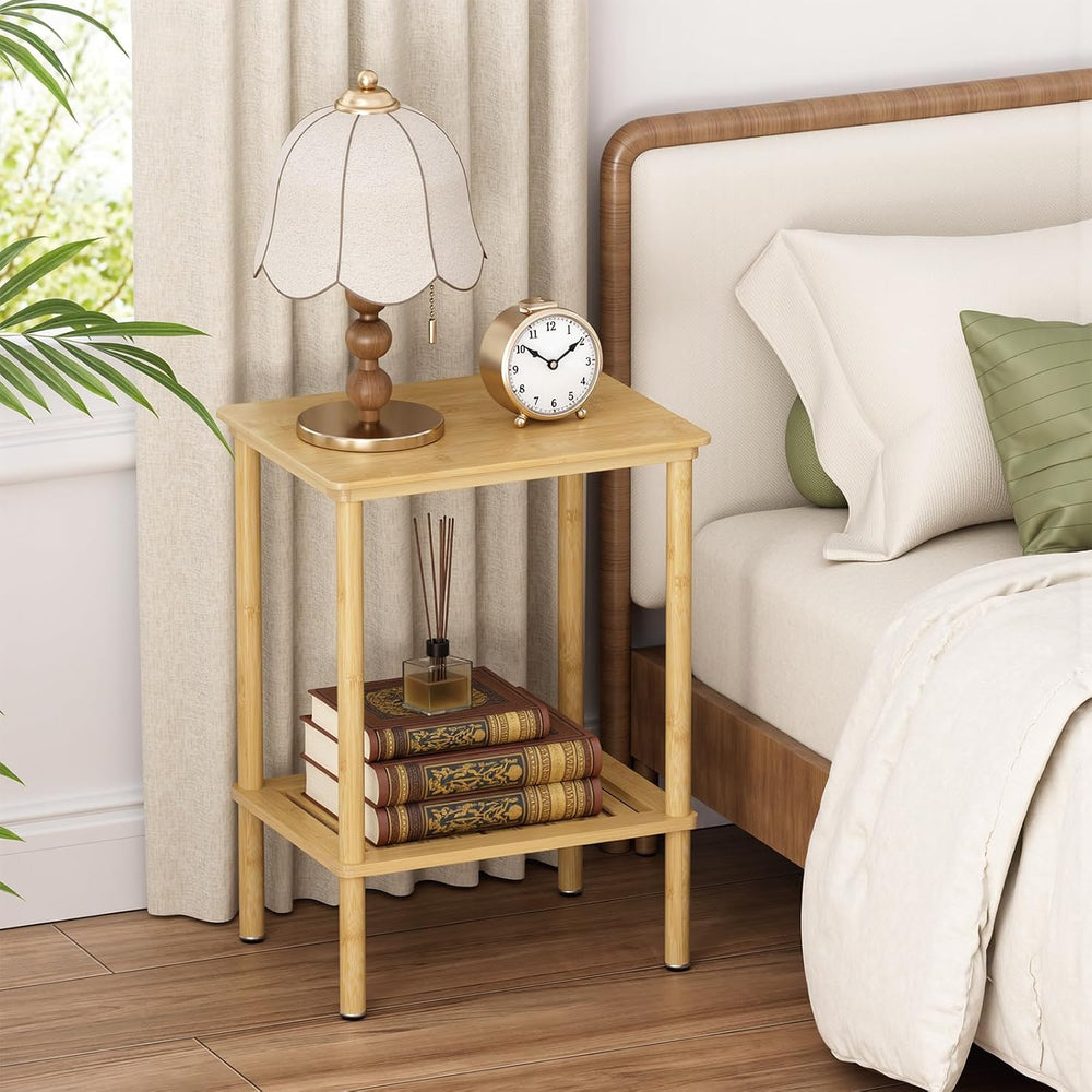 2 Tier Bamboo Narrow End Table, No Tool Assembly Bedroom Bedside Table, Small...