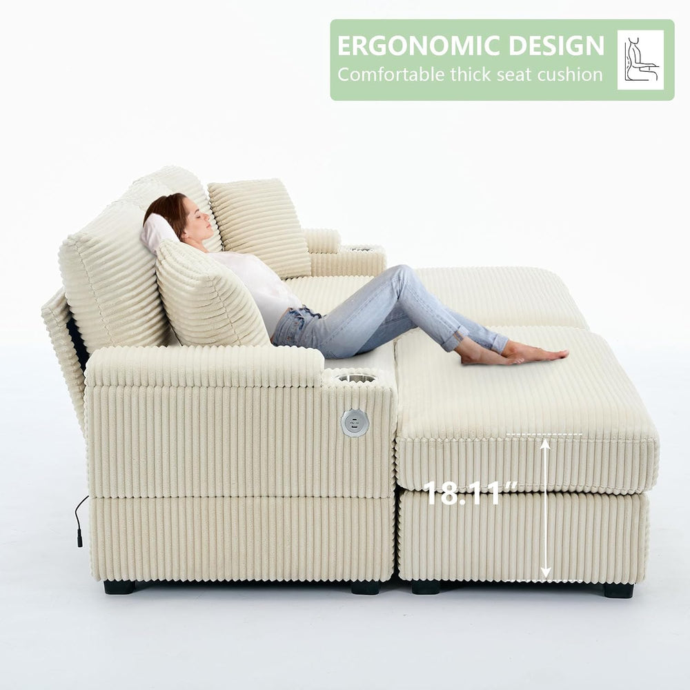 Oversized Corduroy Double Chaise Lounge Chair Indoor with Storage and Ottoman...