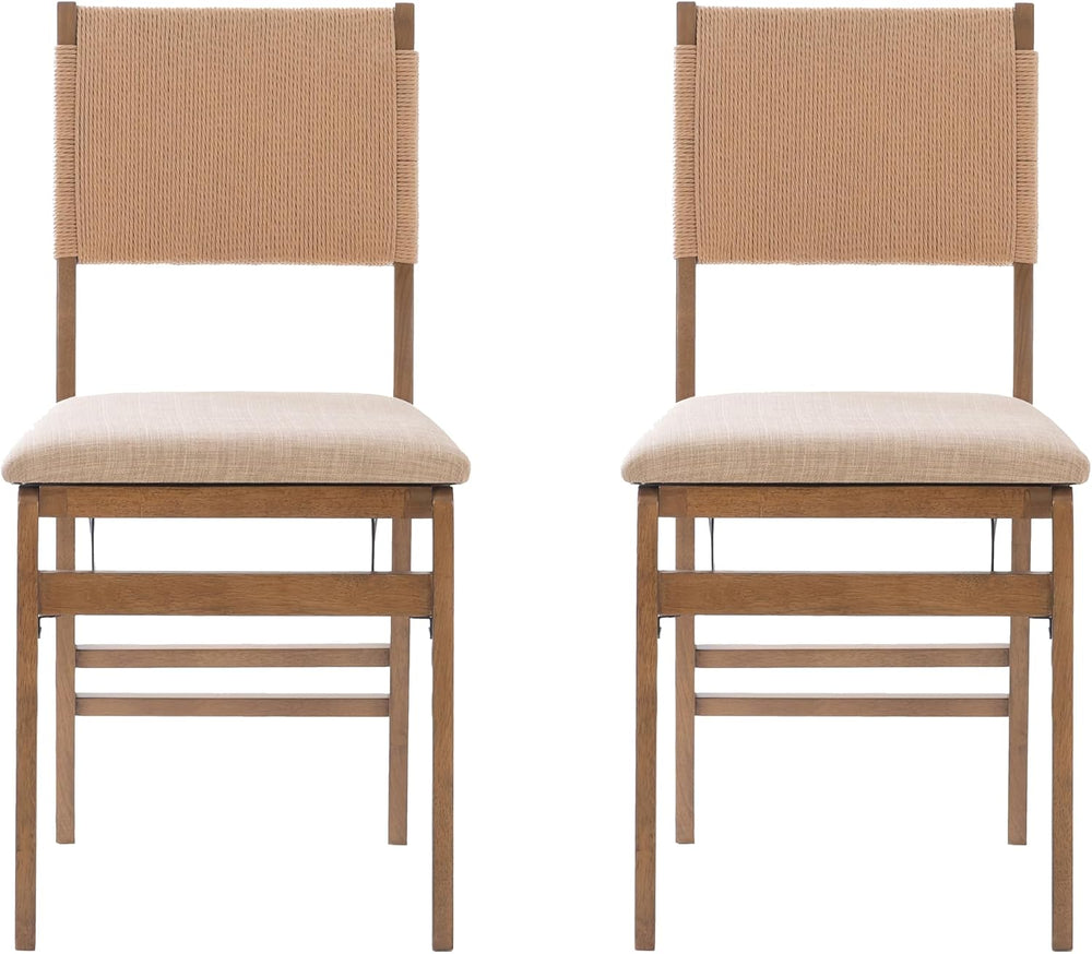 Bennett Natural Folding Chair with Rope Back and Linen Upholstered Seat Set o...