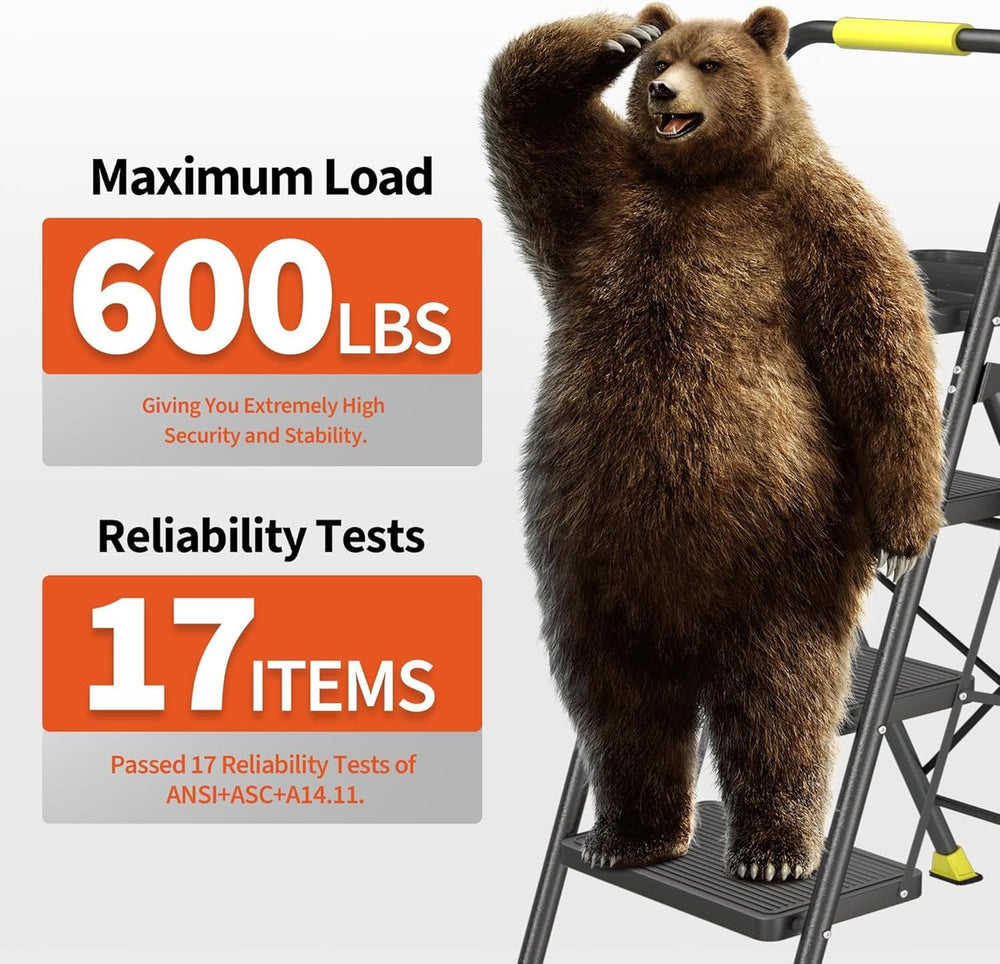 3 Step Folding Ladder, 600lbs Capacity Steel Stool with Tool Platform, Wide A...