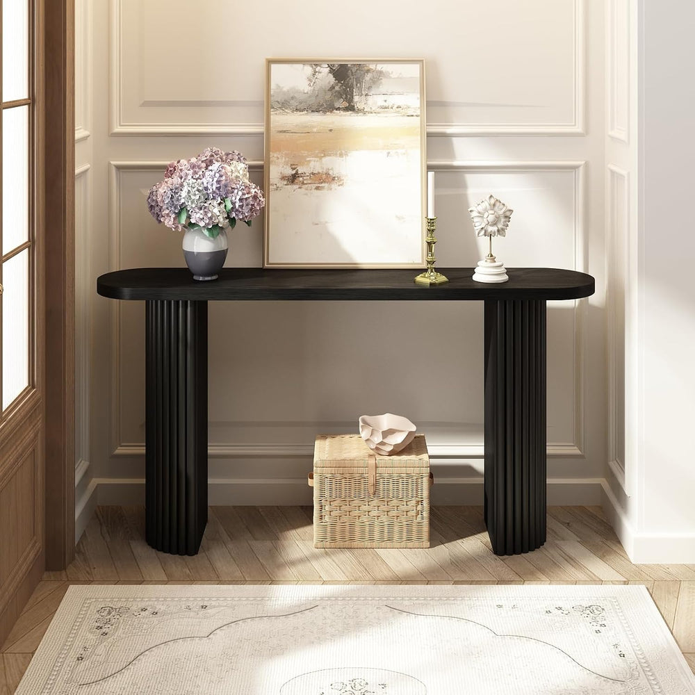 55" Long Fluted Solid Wood Console Table with Semi Circle Legs | Black, ...
