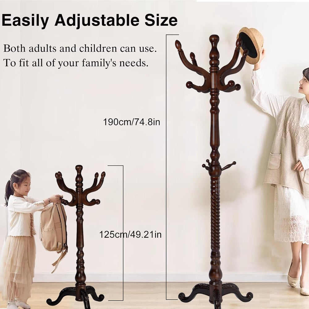Wooden Coat Rack Freestanding, Hall Tree Hanger With Resin Hooks, Adjustable ...