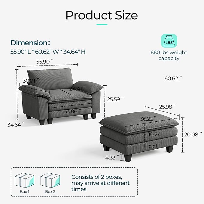 LINSY HOME Cloud Sofa Accent Chair with Ottoman Chaise Lounge Chair Indoor, C...