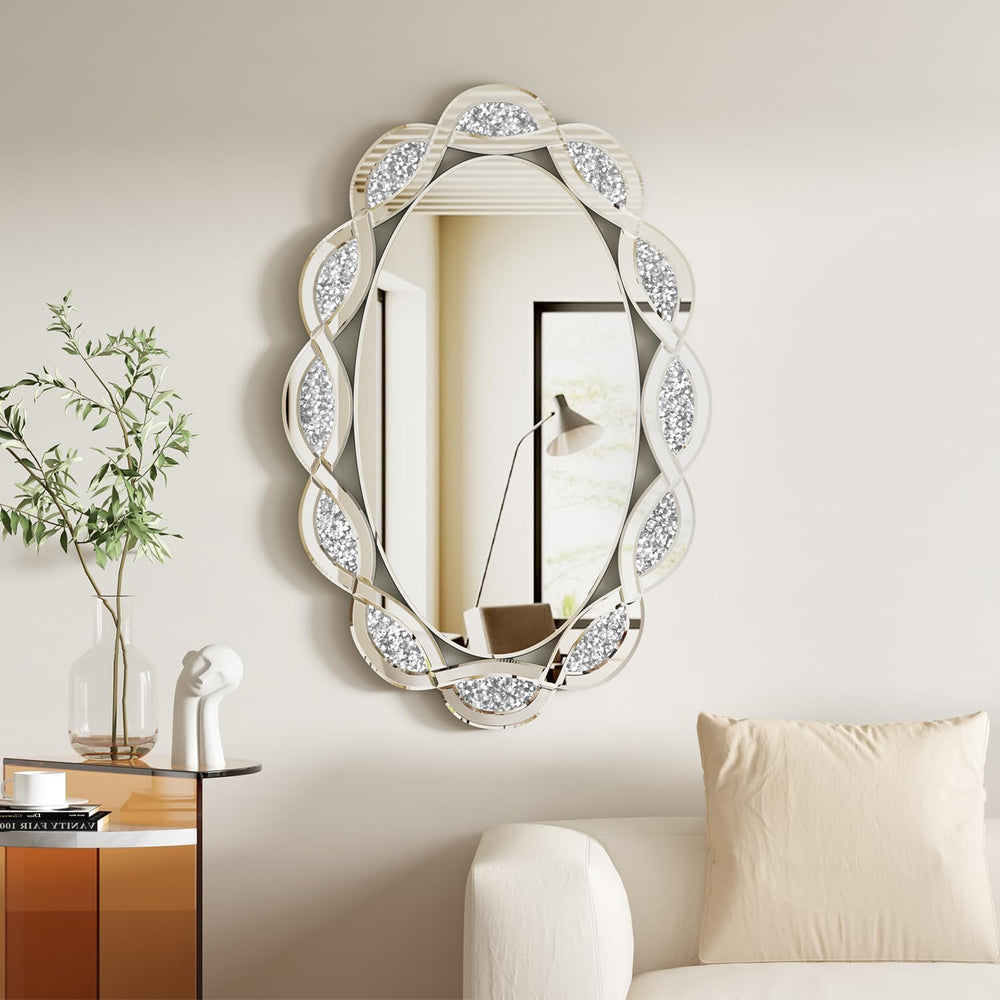 Crystal Decorative Wall Mirror, 24" x 36" Oval Silver Crushed Diamo...