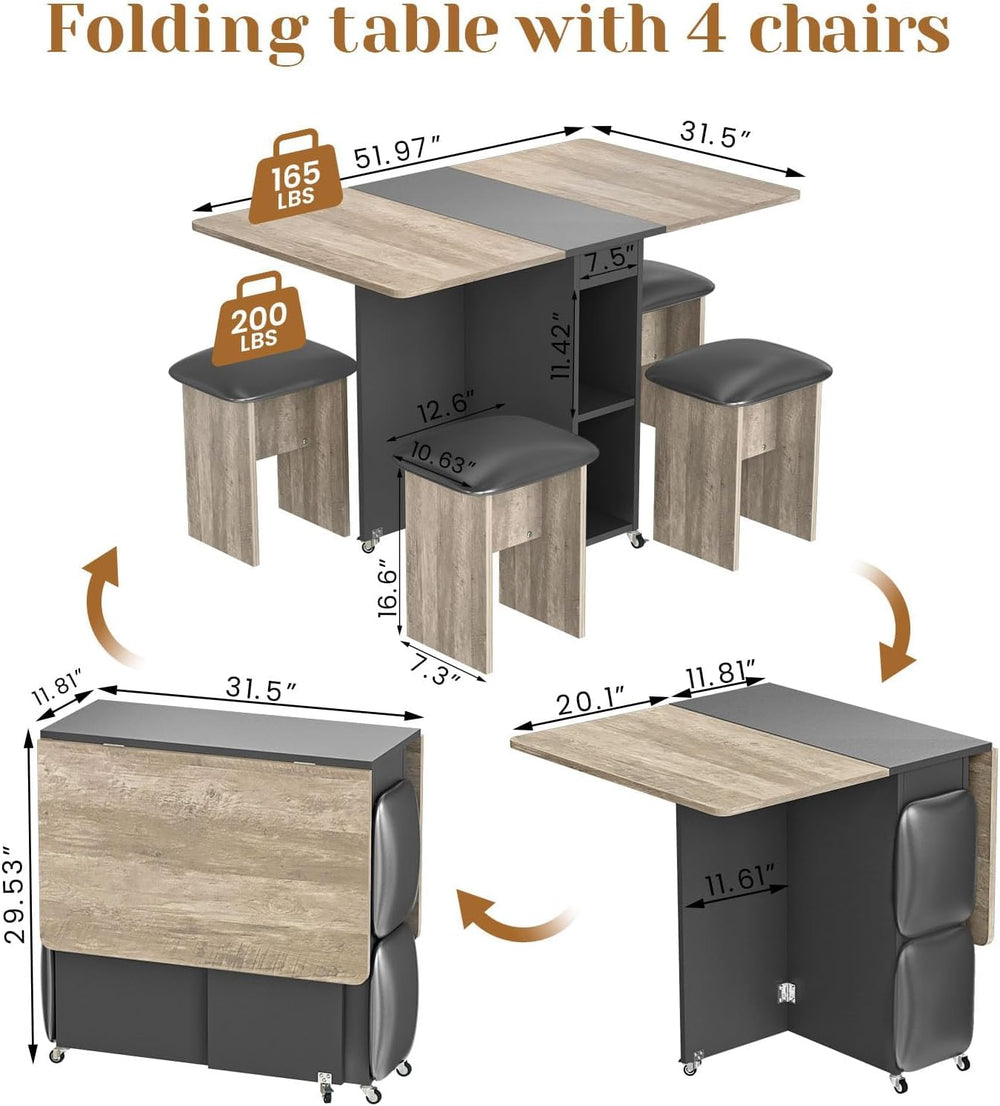 furlinkhm Folding Dining Table Set for 4, Dinner Table with 4 Leather Chairs ...