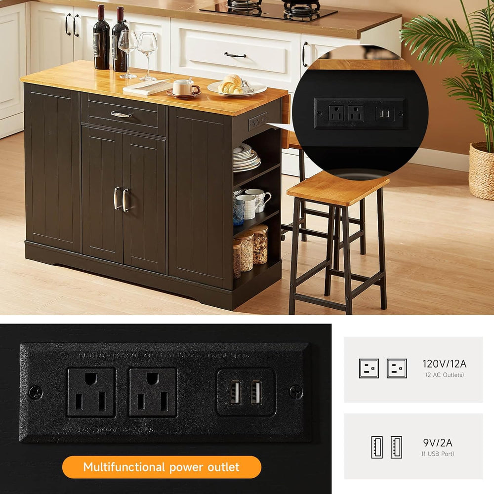 ONBRILL 47" Kitchen Island with Trash Can Storage, Include 2 Chairs, Bla...