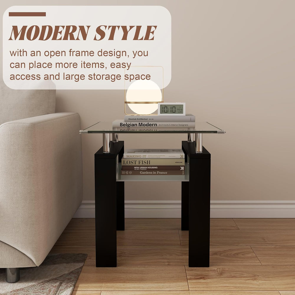 2-Tier End Table with Tempered Glass Top and MDF Frame, Modern Black Square S...